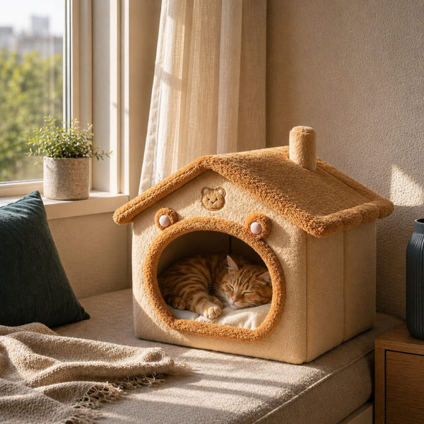 Chat roux endormi dans une maison pour chat beige avec toit moelleux et détails ourson, près d’une fenêtre lumineuse et chaleureuse.