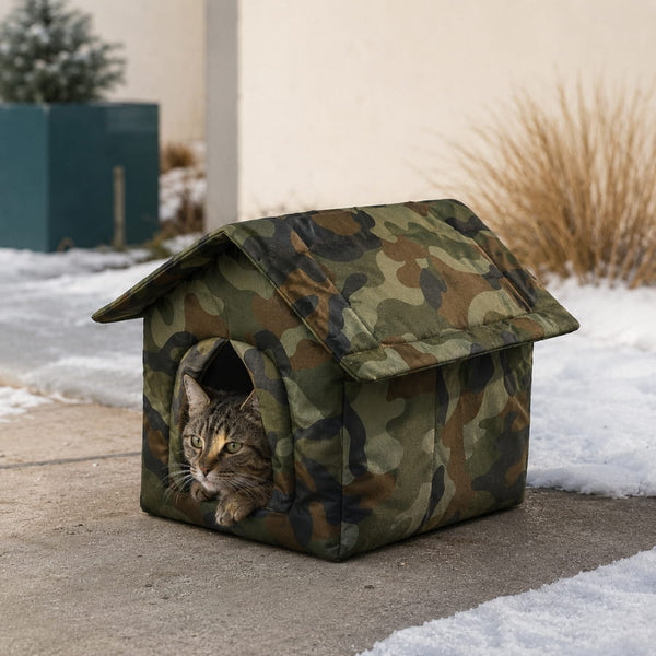 Maison pour chat extérieur hiver camouflage avec toit isolant et chat tigré installés dehors sur une terrasse enneigée