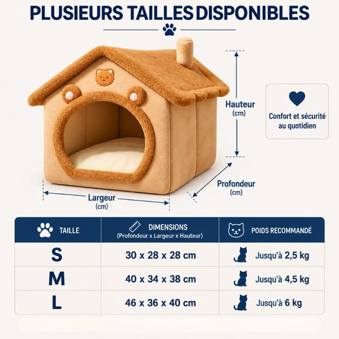 Maison pour chat intérieur en peluche marron, présentée avec les tailles S, M et L, leurs dimensions et les poids recommandés jusqu’à 6 kg.