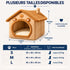 Maison pour chat intérieur en peluche marron, présentée avec les tailles S, M et L, leurs dimensions et les poids recommandés jusqu’à 6 kg.