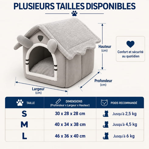 Maison à chat grise en peluche, présentée avec les tailles S, M et L, leurs dimensions et les poids recommandés jusqu’à 6 kg.