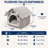 Maison à chat grise en peluche, présentée avec les tailles S, M et L, leurs dimensions et les poids recommandés jusqu’à 6 kg.