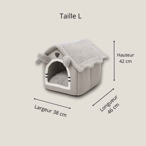 Schéma des dimensions de la maison à chat taille L : 42 cm de haut, 38 cm de large et 46 cm de long.