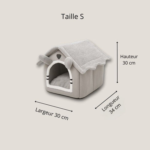 Schéma des dimensions de la maison à chat taille S : 30 cm de haut, 30 cm de large et 34 cm de long.