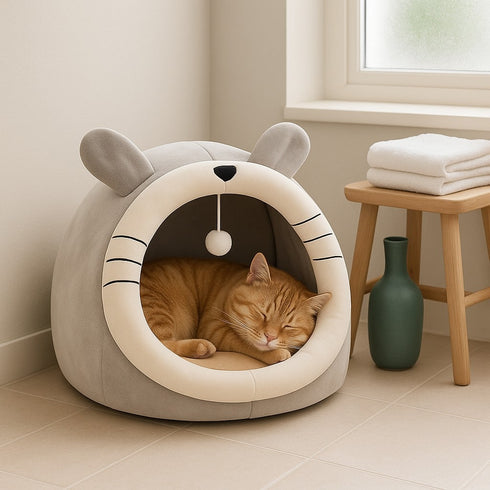 Maison douillette pour chat grise, avec chat endormi à l’intérieur, mise en scène dans une salle de bain lumineuse.