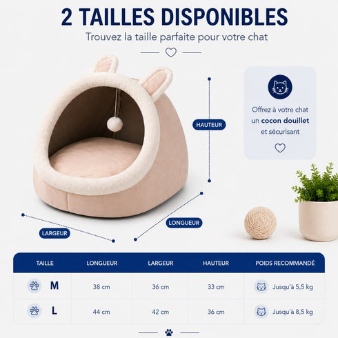 Guide des tailles de la maison douillette pour chat rose avec oreilles et balle suspendue, disponible en M et L pour un cocon confortable et sécurisant.