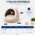 Guide des tailles de la maison douillette pour chat rose avec oreilles et balle suspendue, disponible en M et L pour un cocon confortable et sécurisant.