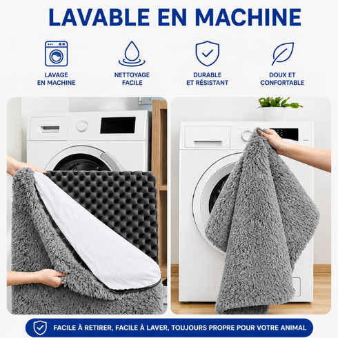 Matelas pour chat gris lavable en machine avec housse amovible, mousse confortable et entretien facile au quotidien.