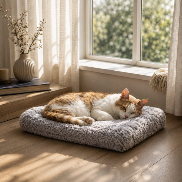 Chat allongé sur un matelas pour chat gris en peluche douce, couchage moelleux et confortable près d’une fenêtre lumineuse.