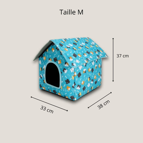 Niche pour chat extérieur hiver bleue, taille M, avec dimensions indiquées.