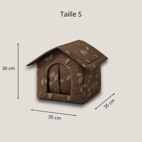 Niche pour chat extérieur isolée marron, dimensions taille S.