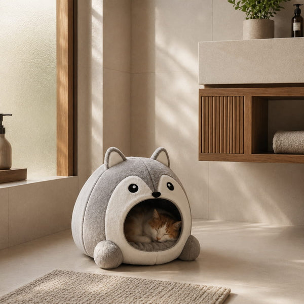Chat endormi dans une niche pour chat grise en forme de husky, idéale pour créer un espace de repos chaud et rassurant à l’intérieur.