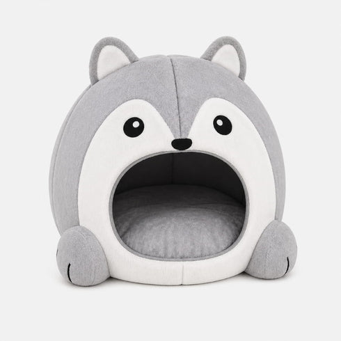 Niche pour chat grise en forme de husky avec coussin moelleux intégré, parfaite pour offrir un couchage confortable et rassurant.