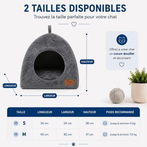 Guide des tailles de la niche pour chat intérieur en tissu gris, disponible en S et M, avec dimensions détaillées pour un cocon confortable et sécurisant.