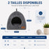 Guide des tailles de la niche pour chat intérieur en tissu gris, disponible en S et M, avec dimensions détaillées pour un cocon confortable et sécurisant.