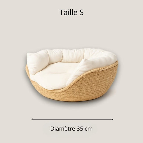 Dimensions taille S de la niche en osier pour chat : diamètre 35 cm, couchage beige avec coussin crème, visuel de mesure.
