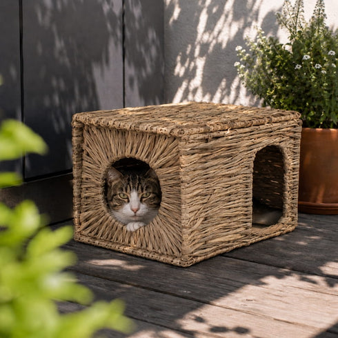 Petite niche pour chat rectangulaire en osier beige avec double ouverture, posée sur une terrasse extérieure avec un chat à l’intérieur