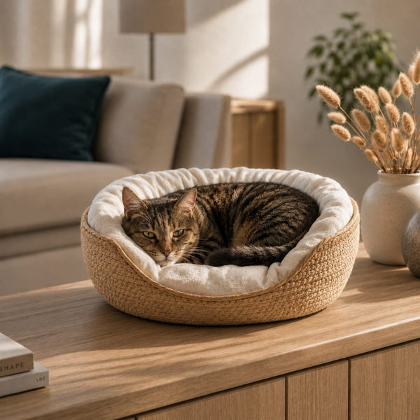 Chat tigré couché dans une niche en osier pour chat en imitation osier avec coussin moelleux blanc, posée sur un meuble en bois dans un salon chaleureux et lumineux.