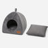 Niche intérieure pour chat grise avec revêtement peluche doux et coussin amovible assorti, présentée sur fond clair en photo produit