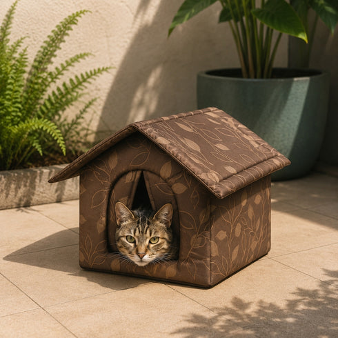 Niche isolée pour chat marron avec motifs feuillage et toit rembourré, installée en extérieur avec un chat tigré à l’intérieur
