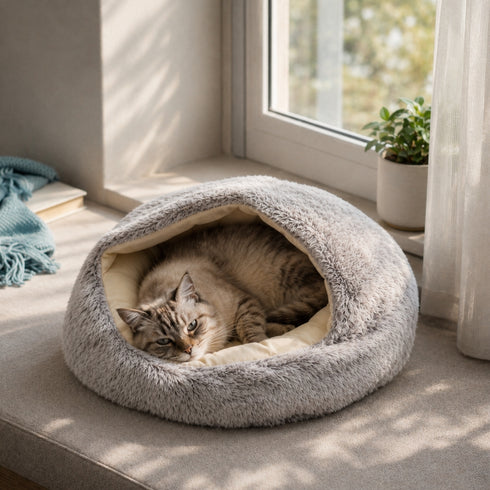 Chat allongé dans un nid moelleux gris clair en fausse fourrure, placé près d’une fenêtre lumineuse dans un intérieur cosy et apaisant.