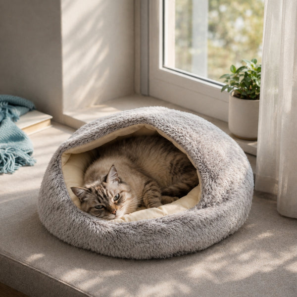 Chat allongé dans un nid moelleux gris clair en fausse fourrure, placé près d’une fenêtre lumineuse dans un intérieur cosy et apaisant.