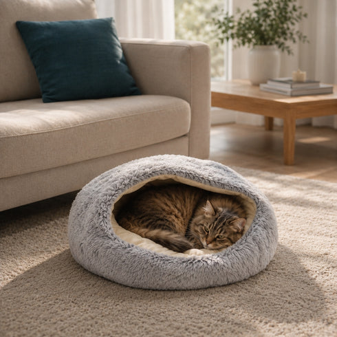 Chat tigré allongé dans un nid pour chat gris ultra doux, installé sur un tapis dans un salon lumineux et chaleureux.