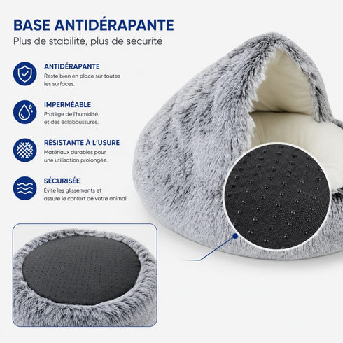 Nid pour chat en peluche grise avec base antidérapante renforcée, conçue pour offrir stabilité, sécurité et confort sur tous les types de sols.
