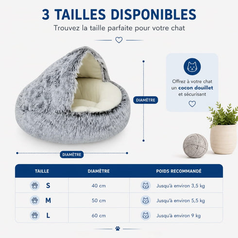 Guide des tailles du nid pour chat en peluche grise avec effet cocon, disponible en S, M et L pour offrir un couchage doux et rassurant.
