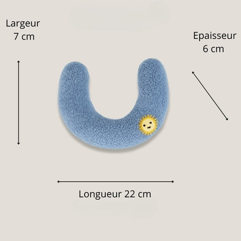 Oreiller bleu pour chat avec motif soleil, présenté avec ses dimensions 22 × 7 × 6 cm.