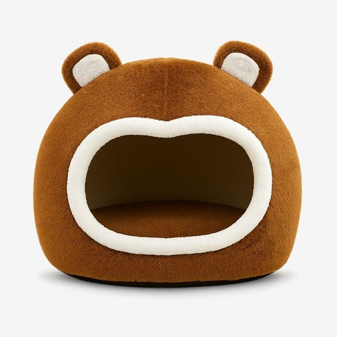 Panier boule pour chat marron à forme arrondie, couchage fermé et enveloppant avec ouverture frontale, idéal pour offrir un espace cosy et rassurant aux chats