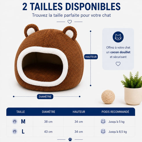 Guide des tailles du panier boule pour chat en peluche marron avec oreilles décoratives, disponible en M et L pour un couchage confortable et rassurant.