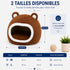 Guide des tailles du panier boule pour chat en peluche marron avec oreilles décoratives, disponible en M et L pour un couchage confortable et rassurant.