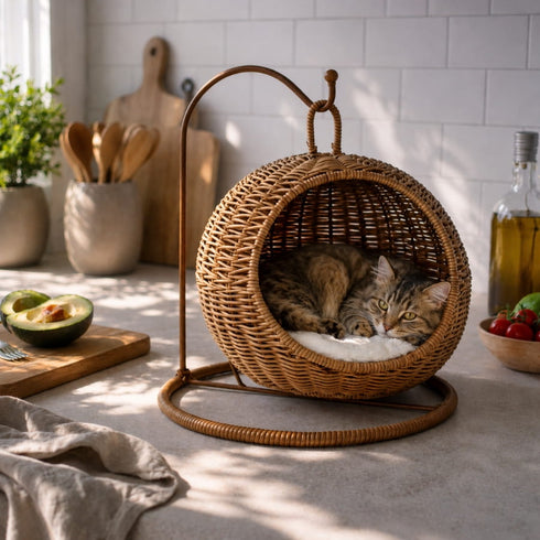 Chat allongé dans un panier chat boule osier suspendu en imitation osier avec coussin moelleux, installé dans une cuisine lumineuse et chaleureuse.