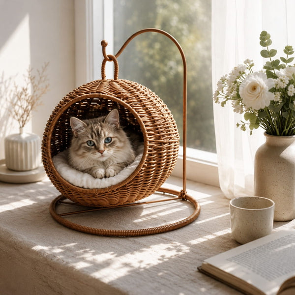 Chat installé dans un panier chat boule osier suspendu en imitation osier avec coussin moelleux, placé près d’une fenêtre lumineuse dans un intérieur cosy.