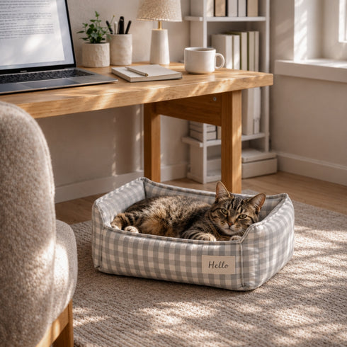 Gros plan sur un panier pour chat à carreaux gris avec tissu doux, finitions soignées et coussin confortable pour le repos quotidien.