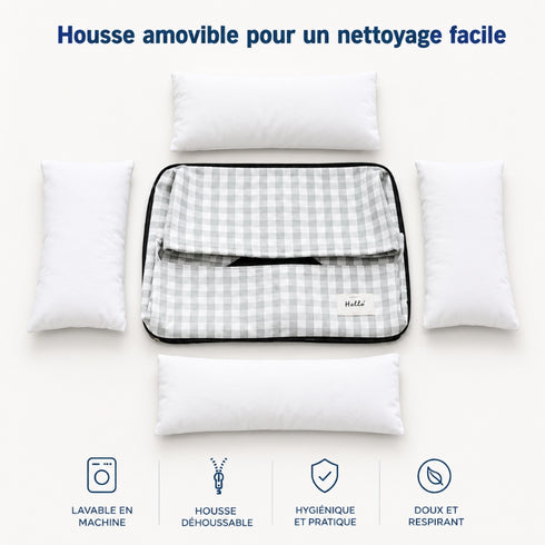 Panier pour chat à carreaux gris avec housse amovible et coussins déhoussables, conçu pour un nettoyage facile et un confort optimal.