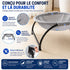Infographie panier chat design gris avec tissu respirant, structure robuste en metal et details de confort pour le bien etre du chat