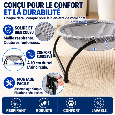 Infographie panier chat design gris avec tissu respirant, structure robuste en metal et details de confort pour le bien etre du chat