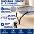 Infographie panier chat design gris avec tissu respirant, structure robuste en metal et details de confort pour le bien etre du chat