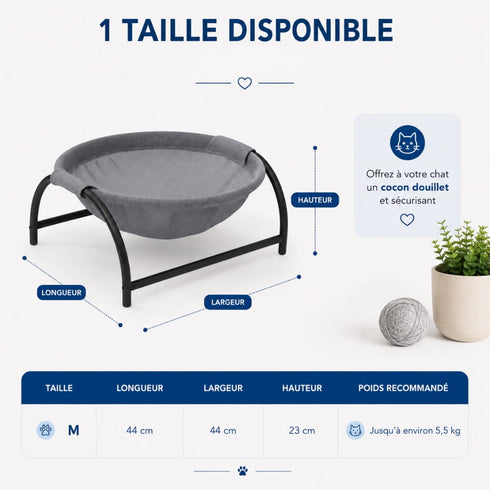 Guide des dimensions du panier design pour chat sur support métallique noir, taille M de 44 x 44 x 23 cm pour chats jusqu’à 5,5 kg.