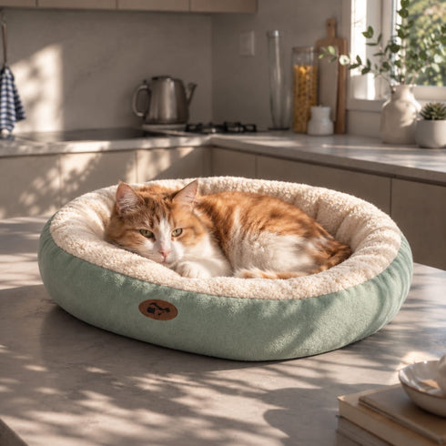 Panier douillet pour chat vert et écru en peluche, posé sur un plan de cuisine lumineux, avec un chat roux et blanc allongé dedans.