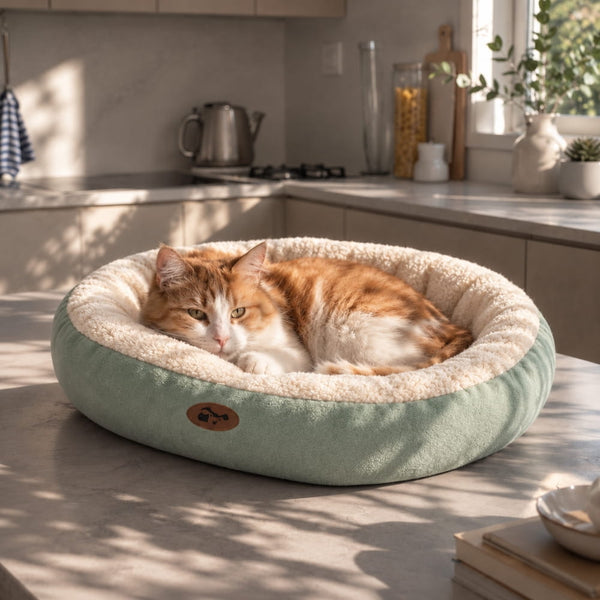 Panier douillet pour chat vert et écru en peluche, posé sur un plan de cuisine lumineux, avec un chat roux et blanc allongé dedans.