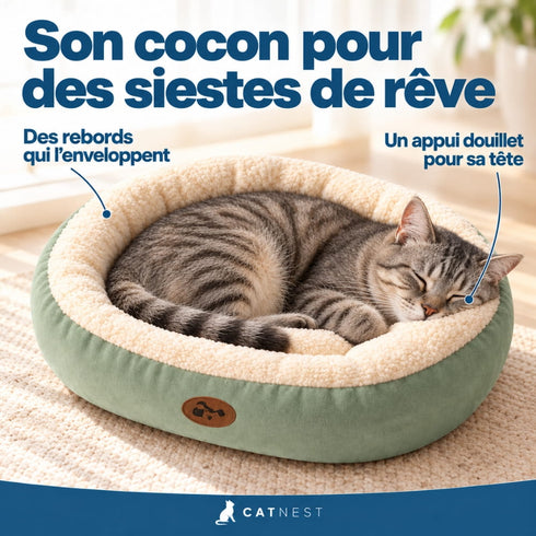 Panier douillet pour chat vert et écru avec un chat tigré endormi, montrant ses rebords enveloppants et son appui moelleux pour la tête.