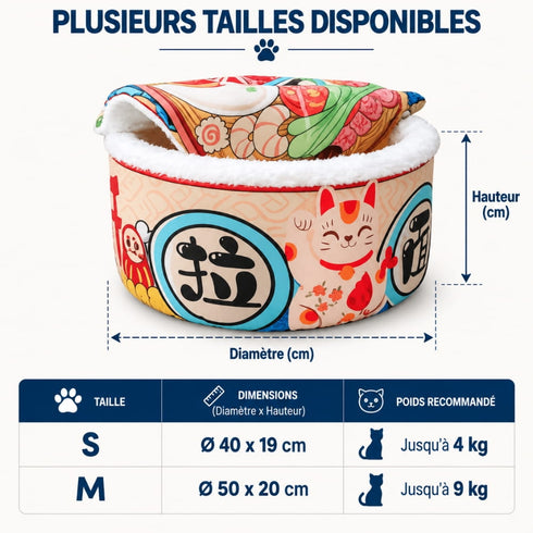 Panier fermé pour chat en tissu multicolore avec intérieur douillet, présenté en tailles S et M avec dimensions et poids recommandés.