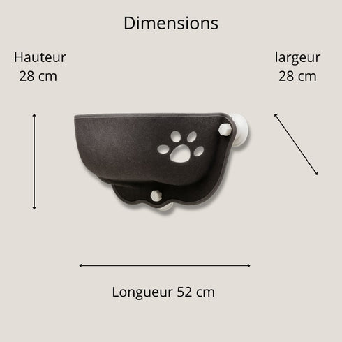 Dimensions du panier de fenêtre pour chat en tissu feutré gris avec ventouses : longueur 52 cm, largeur 28 cm et hauteur 28 cm.