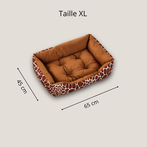 Panier pour chat motif girafe taille XL avec dimensions indiquées, vue produit sur fond beige.