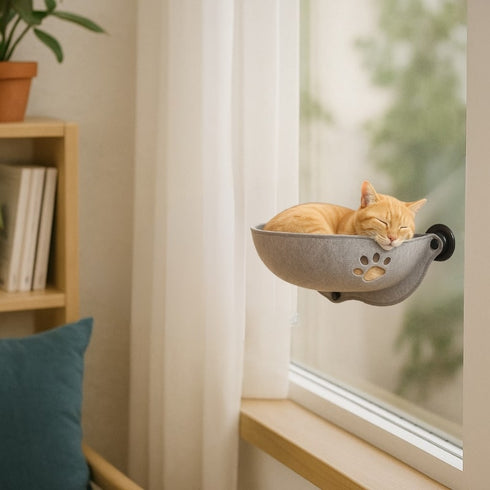 Panier pour chat en hauteur en feutre gris, fixé à la fenêtre dans un coin lecture, avec motif patte ajouré et chat roux endormi.