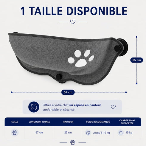 Dimensions visibles sur l’image du panier pour chat en hauteur en feutre gris, couchage suspendu de 67 x 25 cm pour fenêtre, supportant jusqu’à 15 kg.