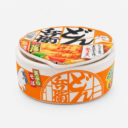 Panier original pour chat en forme de bol de nouilles japonaises orange avec couvercle moelleux et intérieur doux pour se reposer au chaud.